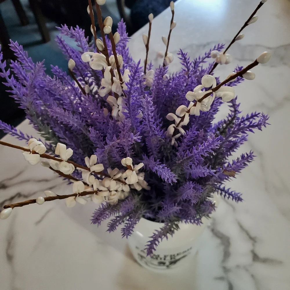 Lavender Artificial Flowers in Milk Jug Metal Vase